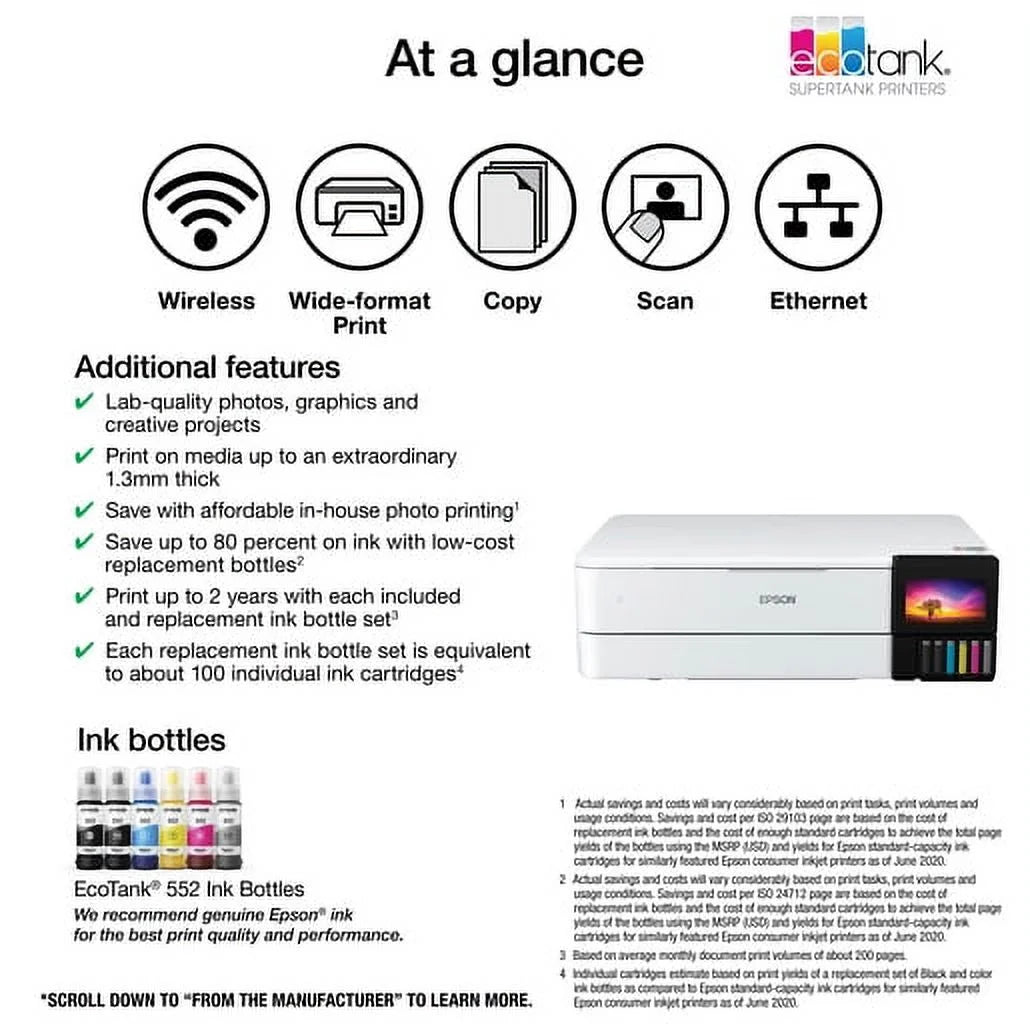 Ecotank Photo ET-8550 Wireless Wide-Format Color All-In-One Supertank Printer with Scanner, Copier, Ethernet
