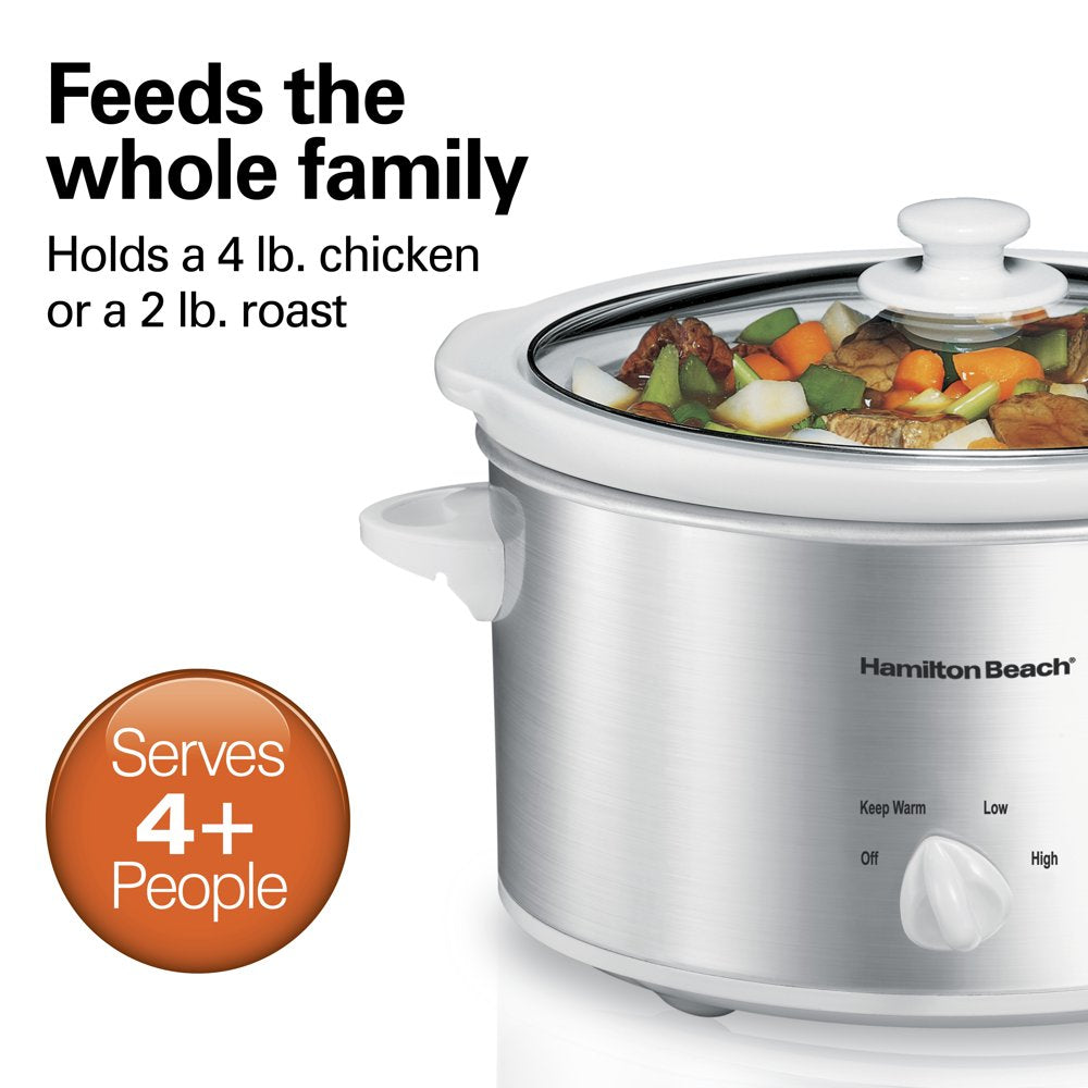 Slow Cooker, 4 Quart Capacity, Serves 4+ People, Removable Crock, White and Silver, 33140