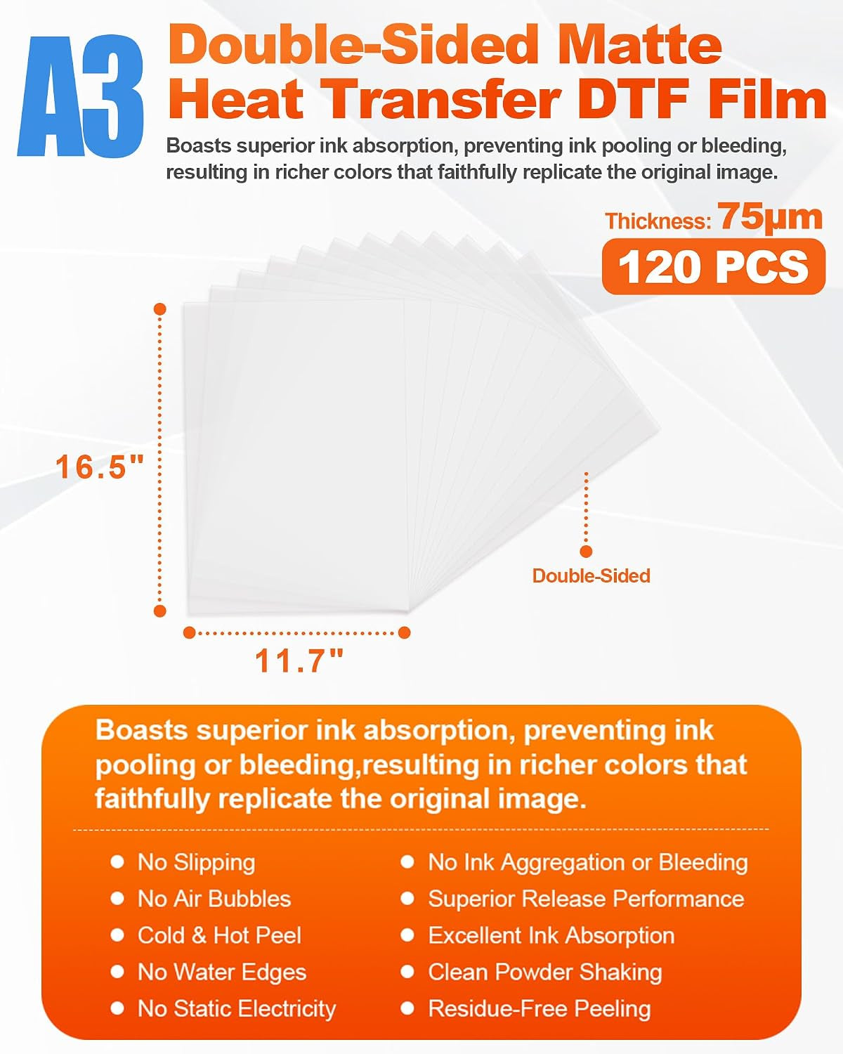 Yitentek A3 DTF Transfer Film, 11.7" X 16.5" Double Sided Matte Pretreat PET Heat Transfer Paper Sheets for DTF Inkjet Printer, DTF Paper Direct Print on T-Shirts Textile, Hot & Cold Peel, 120 Sheets