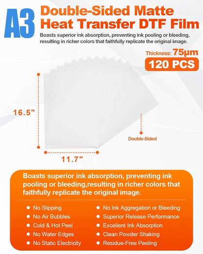 Yitentek A3 DTF Transfer Film, 11.7" X 16.5" Double Sided Matte Pretreat PET Heat Transfer Paper Sheets for DTF Inkjet Printer, DTF Paper Direct Print on T-Shirts Textile, Hot & Cold Peel, 120 Sheets