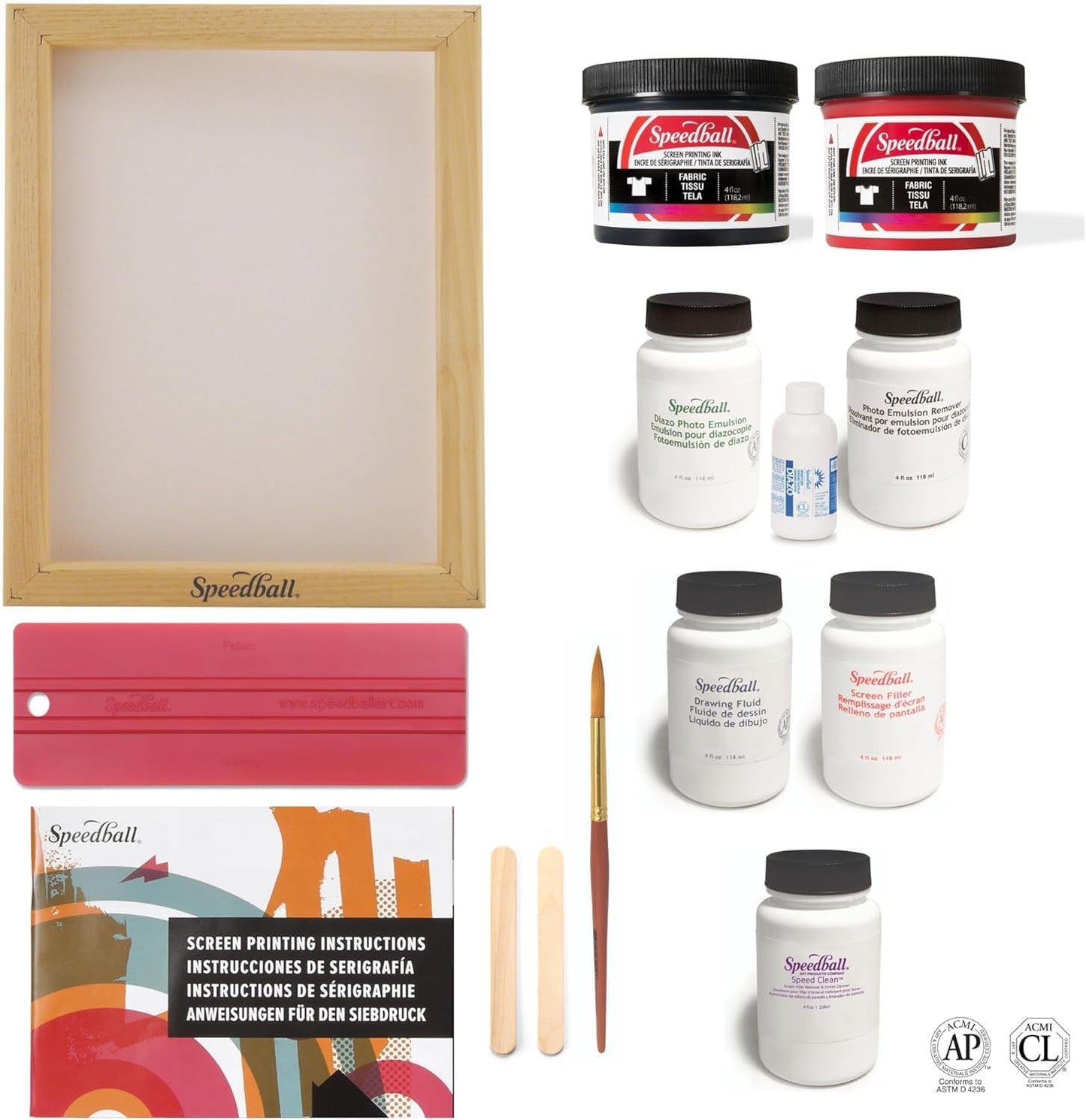 Intermediate Screen Printing Kit - Make Your Own Custom T-Shirt Prints - 2 Fabric Inks, Silk Screen Frame, Drawing Fluid, Squeegee, Instructions - Made in USA