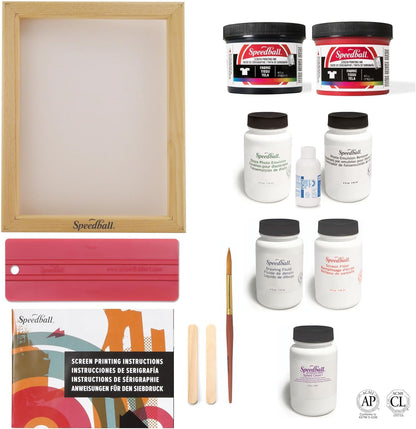 Intermediate Screen Printing Kit - Make Your Own Custom T-Shirt Prints - 2 Fabric Inks, Silk Screen Frame, Drawing Fluid, Squeegee, Instructions - Made in USA