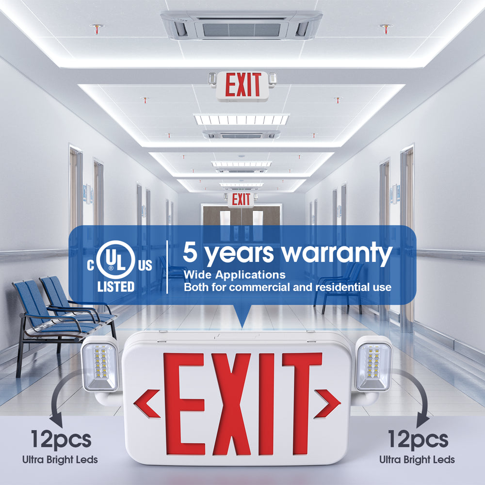 Led Combo Emergency Exit Sign Light with Two Adjustable Head Backup Battery,Us Standard Red Letter Commercial,Ul 924,AC120/277V(1 Pack)