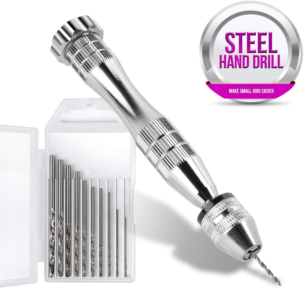 LEOBRO Hand Drill, Steel Pin Vise with 10 PCS Small Drill Bits (0.8 Mm-3 Mm), for Resin, Wood, Clay, DIY Crafts Keychains Jewelry Making