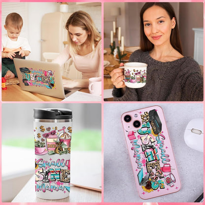 Mama UVDTF Cup Wrap - 8 Sheets Mom UV DTF Wraps for 16 Oz, Leopard Print UV DTF Stickers for Water Botters Glass Cups, Pink Coffee Bow Rub on Transfer Decals for Women