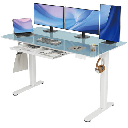 Glass Standing Desk with Drawers, 55 Inch Adjustable Height Stand up Desk, Glass Top Sit to Stand Study Desk,Electric Computer Standing Desk with Storage, Morandi Blue