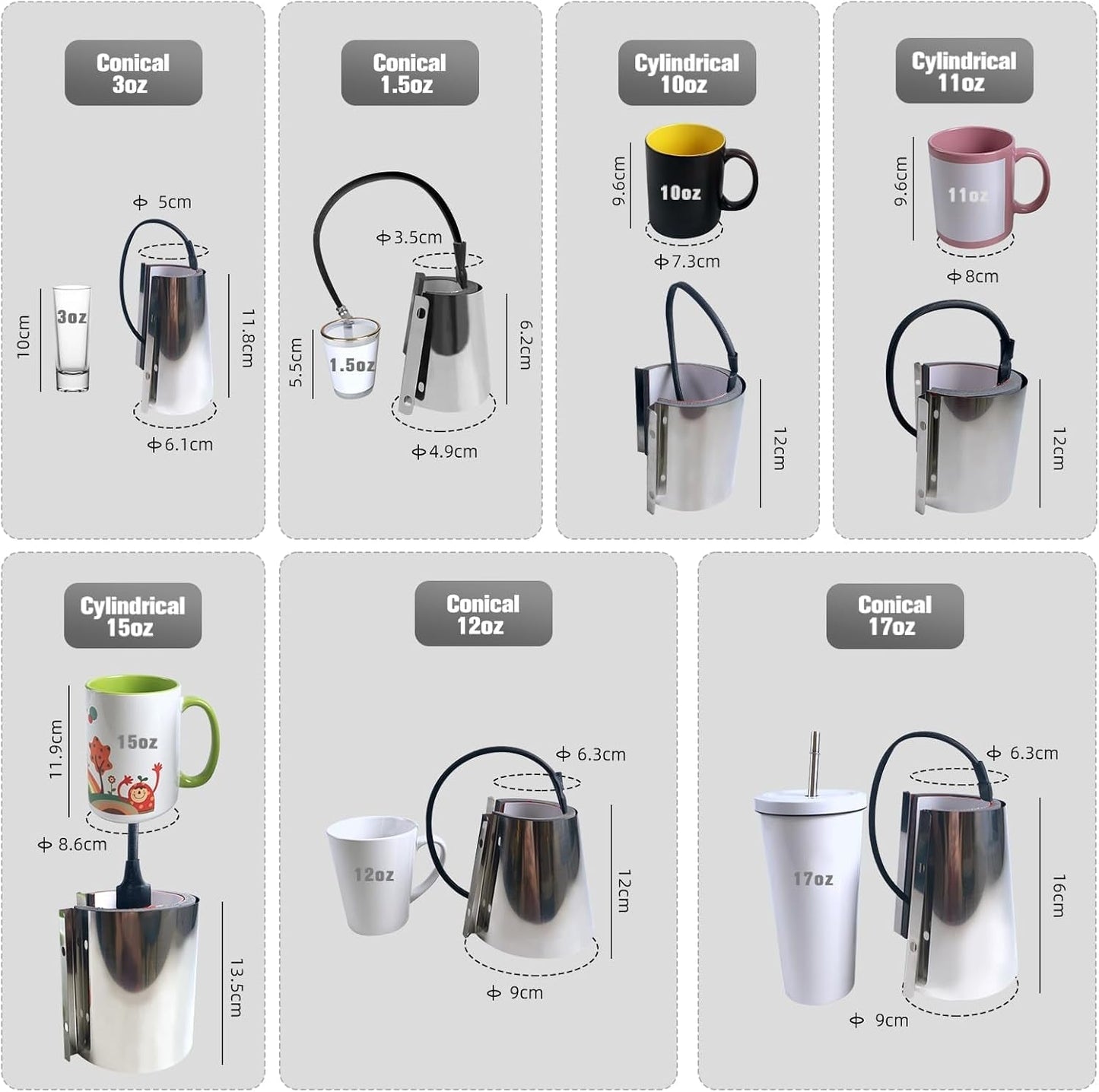 Bettersub Mug Cup Press Heating Transfer Attachment Silica Gel 110V for Heat Press Machine Sublimation Conical (Silver Conical 3Oz)