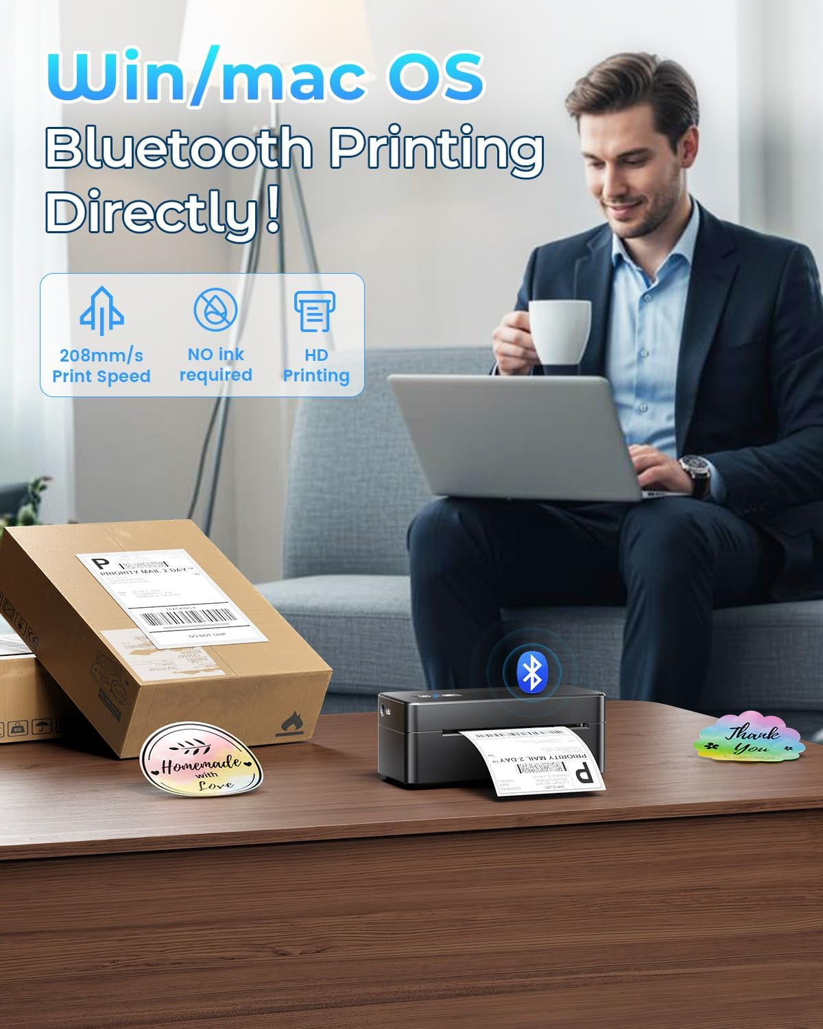 Bluetooth Thermal Shipping Label Printer, 4X6 Thermal Label Printer for Small Business, 2410BT Wireless Label Printers Compatible with Ios Android Phone&Pad&Pc, Widely Used for Ebay, USPS, Fedex, Etc