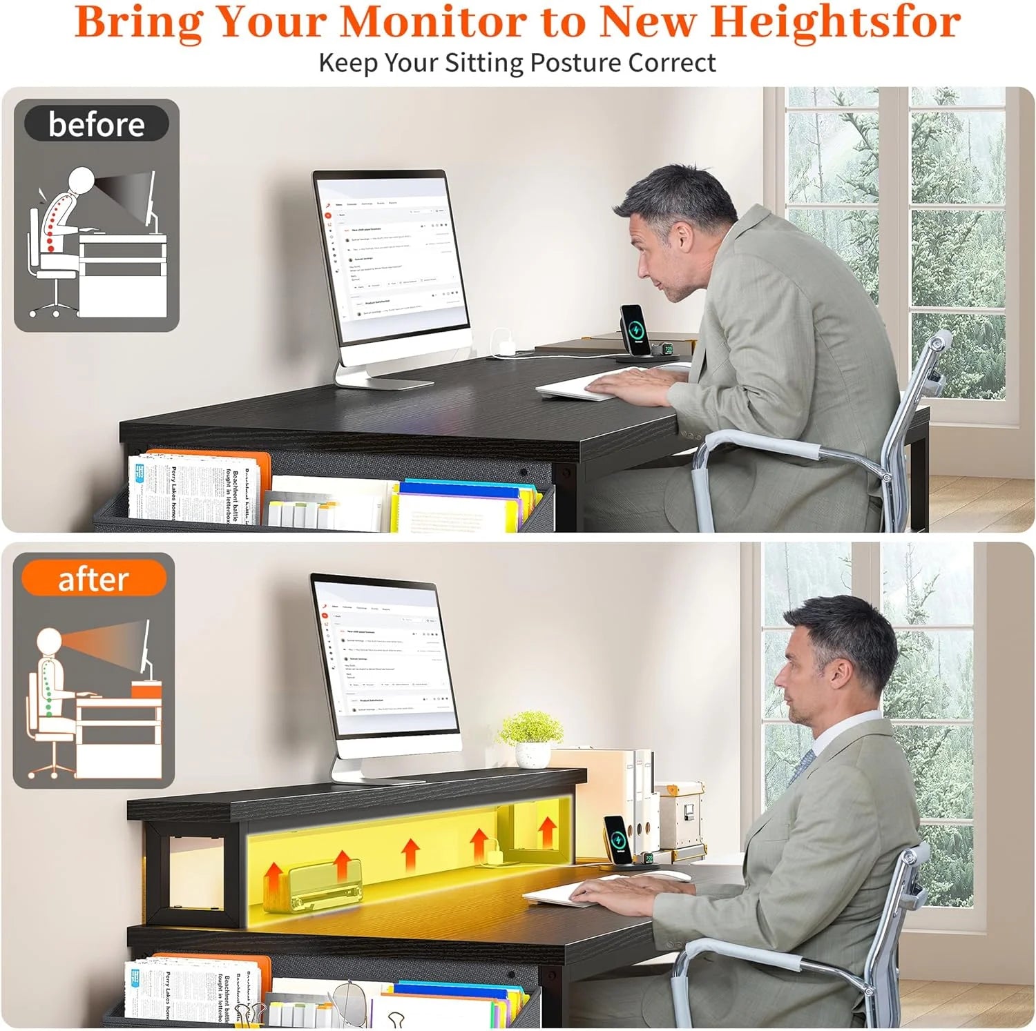 56.5" Computer Desk with Monitor Stand, Office Desk with Fabric File Cabinet, Gaming Computer Desk for Home Office Bedroom, Black