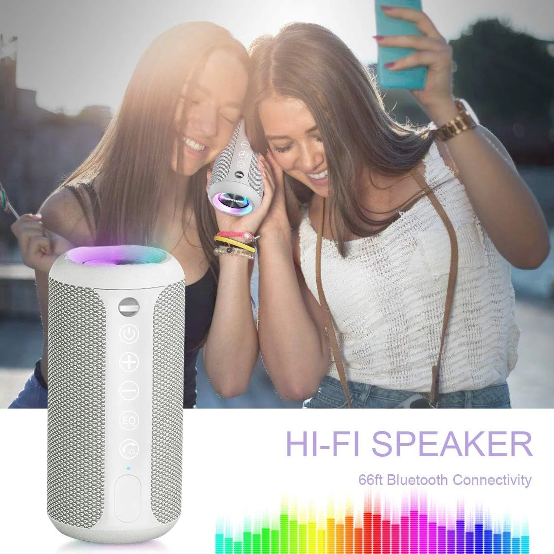 Wireless Portable Speaker,Ipx7 Waterproof Bluetooth Speaker, 24W Loud Stereo Sound, Bassboom Technology, TWS Pairing, Built-In Mic, 30H Playtime with Lights for Home Outdoor - Gray