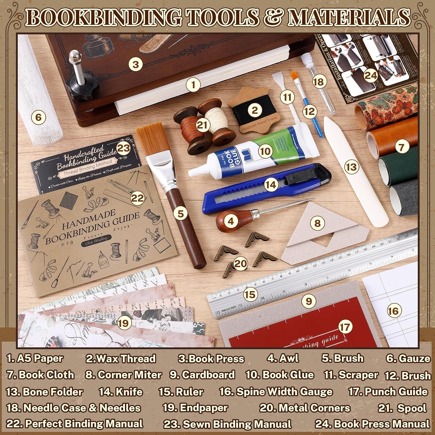 FOGWOWO 152Pcs Book Binding Kits with 7.9" X 11.6" Book Press for DIY Craft | Book Binding Kit for Beginners,Bamboo Bookbinding Press,Book Making Kit,Book Binding Material with Instruction Video Tutorial