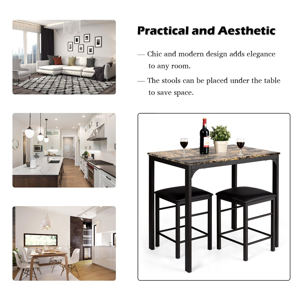 3 PCS Counter Height Dining Set Faux Marble Table 2 Chairs Kitchen Bar Furniture