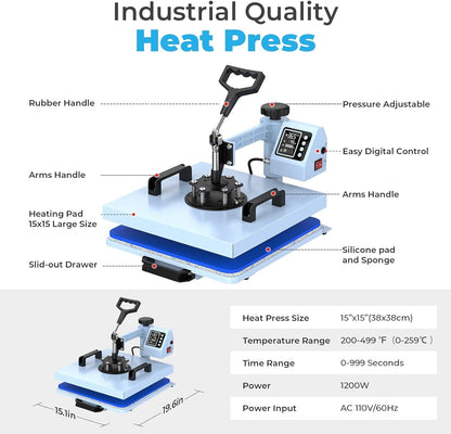 Pro 15X15 Heat Press with 30 OZ Tumbler Attachment, 8In1 Combo Tumbler Heat Press for T-Shirts, Tumblers Glass Cans Mugs Hats, and Plates