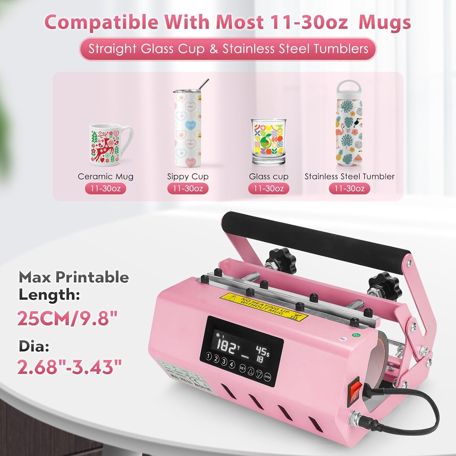 Pink Tumbler Heat Press Machine Auto Sublimation Press Heat Transfer Vinyl Mugs Press, Straight Skinny Tumblers, Jars, Cans 11-30OZ with Heat Resistant Tapes, Gloves Temperature & Timer Setting