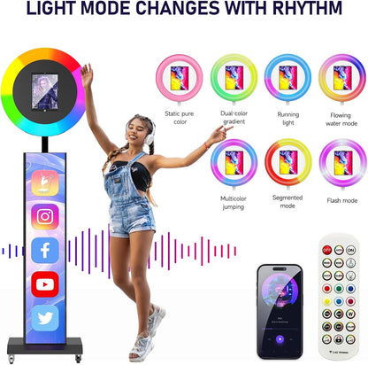 MWE Portable Photo Booth Machine Stand Compatible with Any Ipad with Software APP and Remote Control, RGB Ring Lights Music Sync, Free Custom Logo,Flight Case with Wheels (Black, Light Box)
