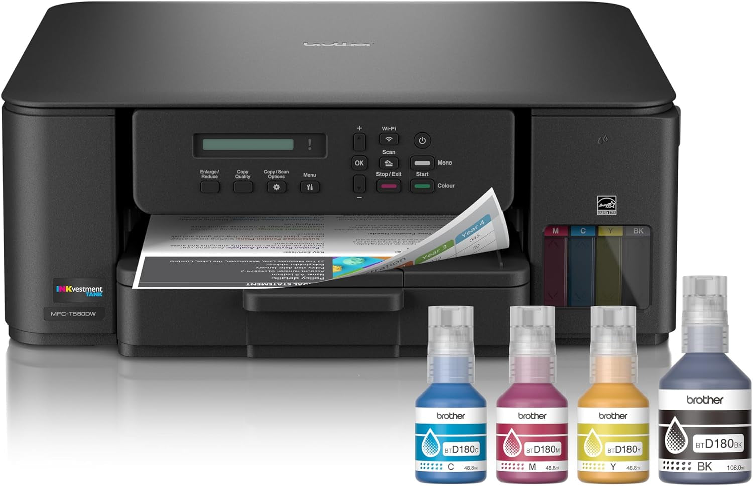 Brother Inkvestment Tank 580 Wireless Color Inkjet All-In-One Printer | Includes up to 3 Years of Ink In-Box(1) and 3-Year Limited Warranty(2) (MFC-T580DW)