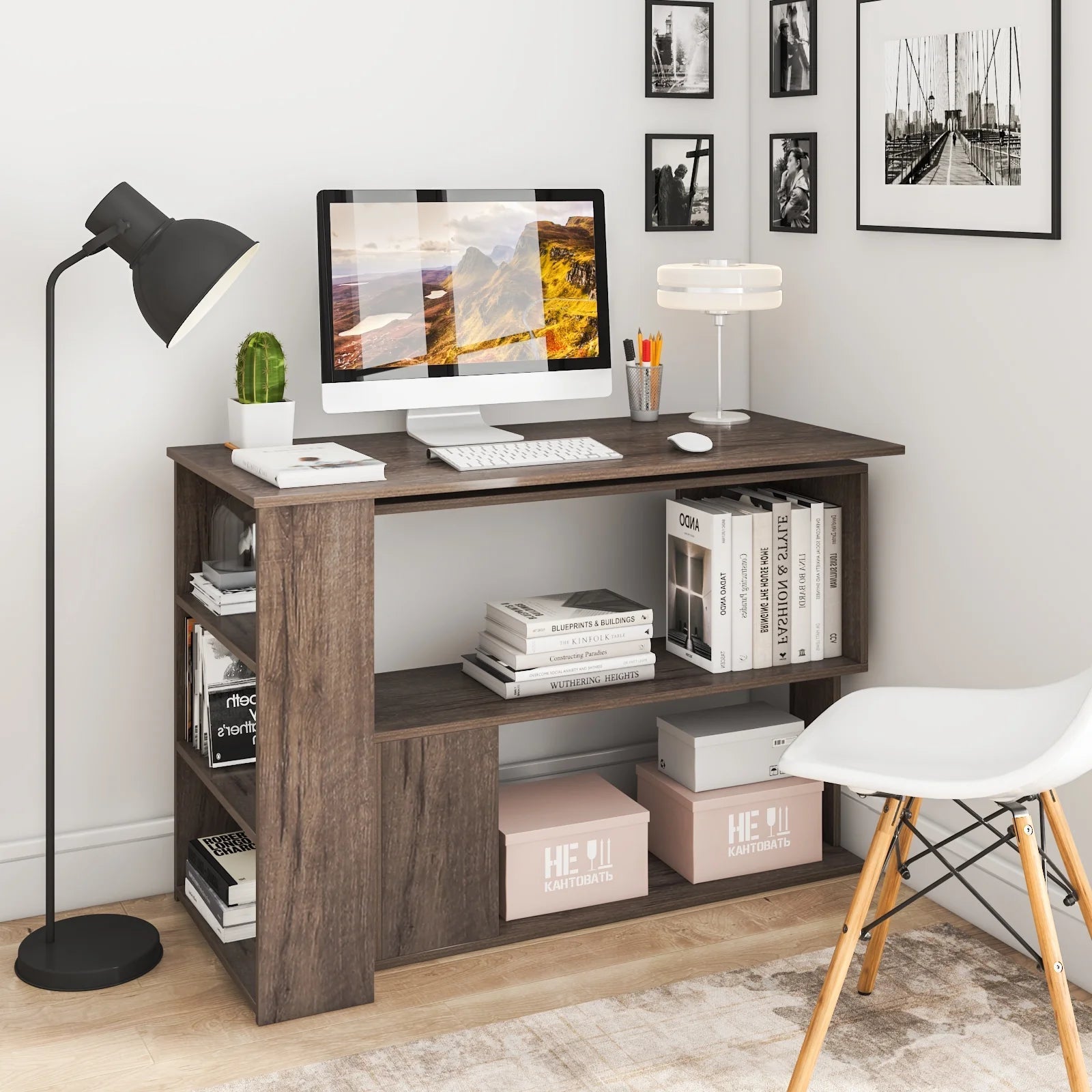 360° Rotating Computer Desk with Storage Large Office Desk with Open Bookshelves Corner Desk with File Cabinet Writing Desk Workstation for Home Office