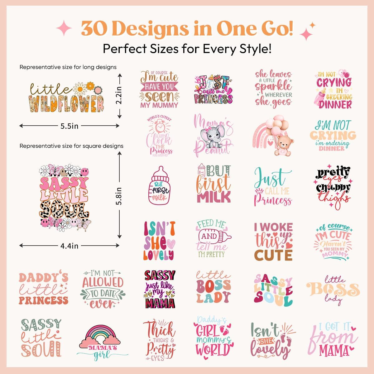 Kaciola 30 Sheets Baby Shower Games Iron on Transfers, Baby Girl DTF Transfers Ready to Press Bodysuit Making Stickers Iron on Decals for T Shirts Hoodie DIY Crafts (Girl)