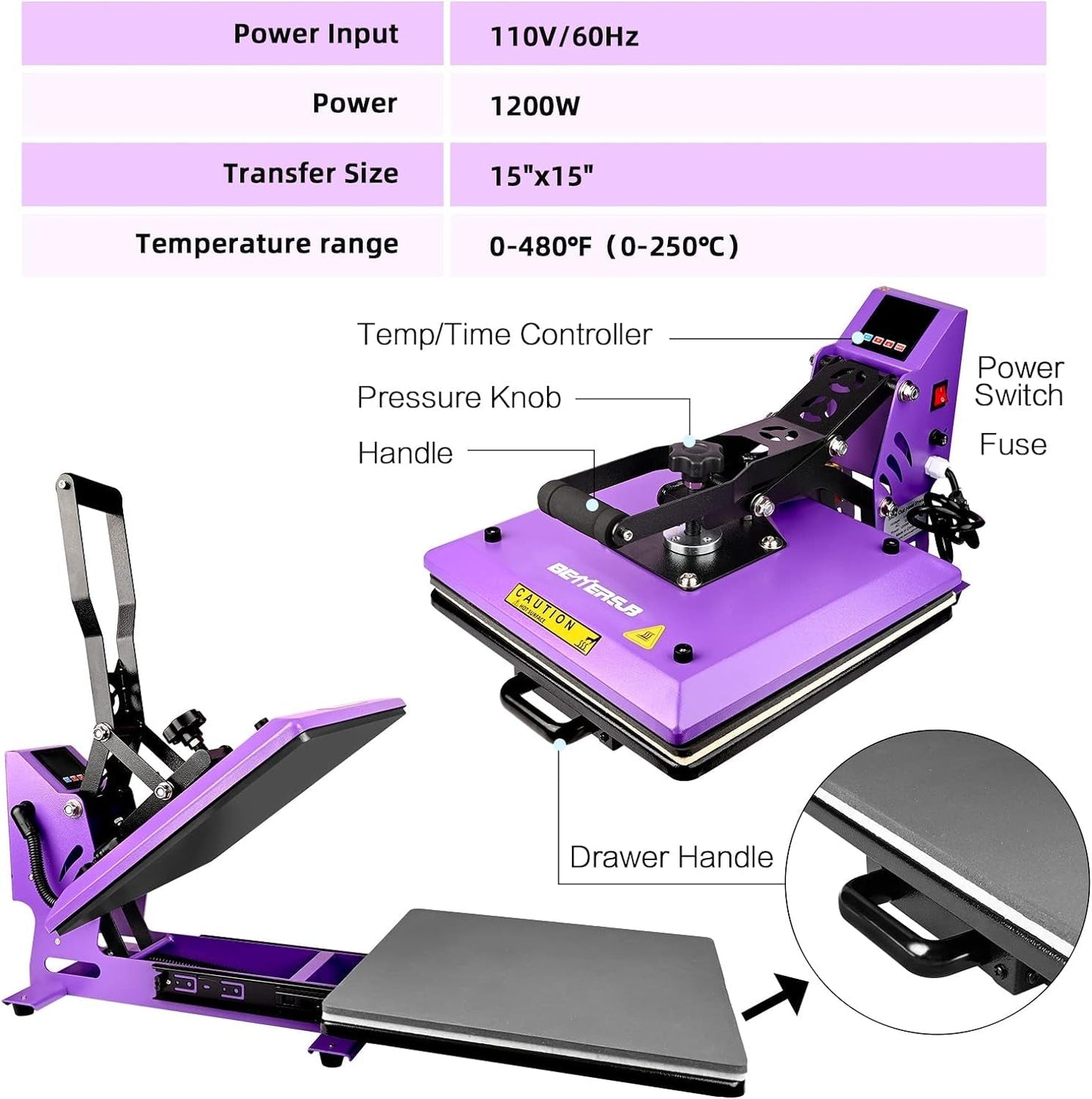 Heat Press 15X15 Inch Digital Heat Press Machine, Slide Out Industrial Quality T-Shirt Heat Transfer Machine Purple