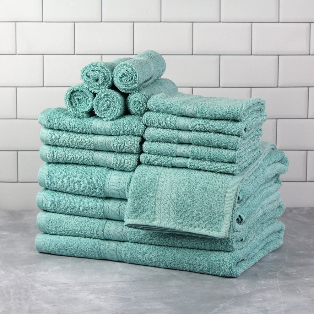 Basic Solid 18-Piece Bath Towel Set Collection, Aqua