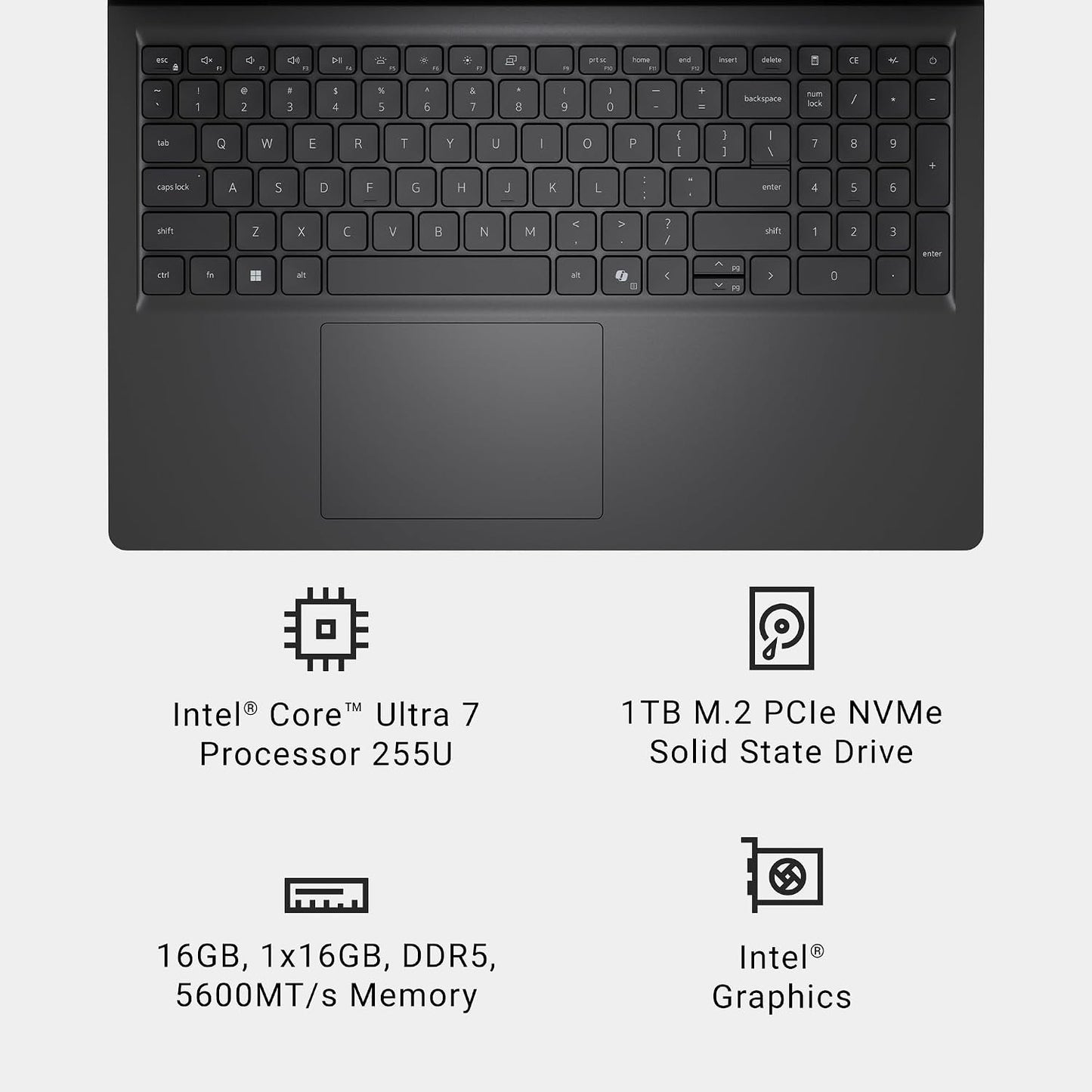 Dell 15 Laptop D15260-15.6-Inch FHD 60Hz 300 Nits Display, Intel Core Ultra 7 Processor 255U, Intel Graphics, 16GB Memory, 1TB SSD, English US Backlit Keyboard AI Copilot Hotkey, Windows 11 Home
