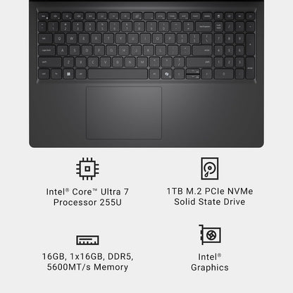 Dell 15 Laptop D15260-15.6-Inch FHD 60Hz 300 Nits Display, Intel Core Ultra 7 Processor 255U, Intel Graphics, 16GB Memory, 1TB SSD, English US Backlit Keyboard AI Copilot Hotkey, Windows 11 Home