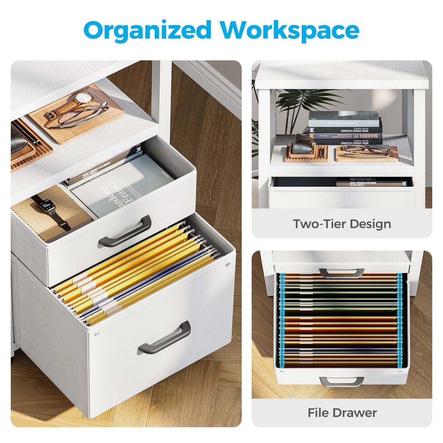 55 Inch Computer Desk with 5 Drawers and File Cabinet for Storage, Office Desk with Storage Shelf & Power Outlets, Home Office Desks, White