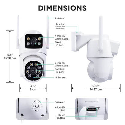 Outdoor Camera 1080P - Dual Lens Pan-Tilt Security Cam, White (1-Pack)