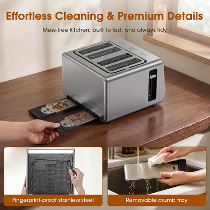 4 Slice Toaster with Dual Touchscreen, 1800W Stainless Steel Dual Zone Independent Control Extra Wide Slot 1.5 Inch, Smart Breadid Timer for Bagel Waffle, Kitchen Essentials