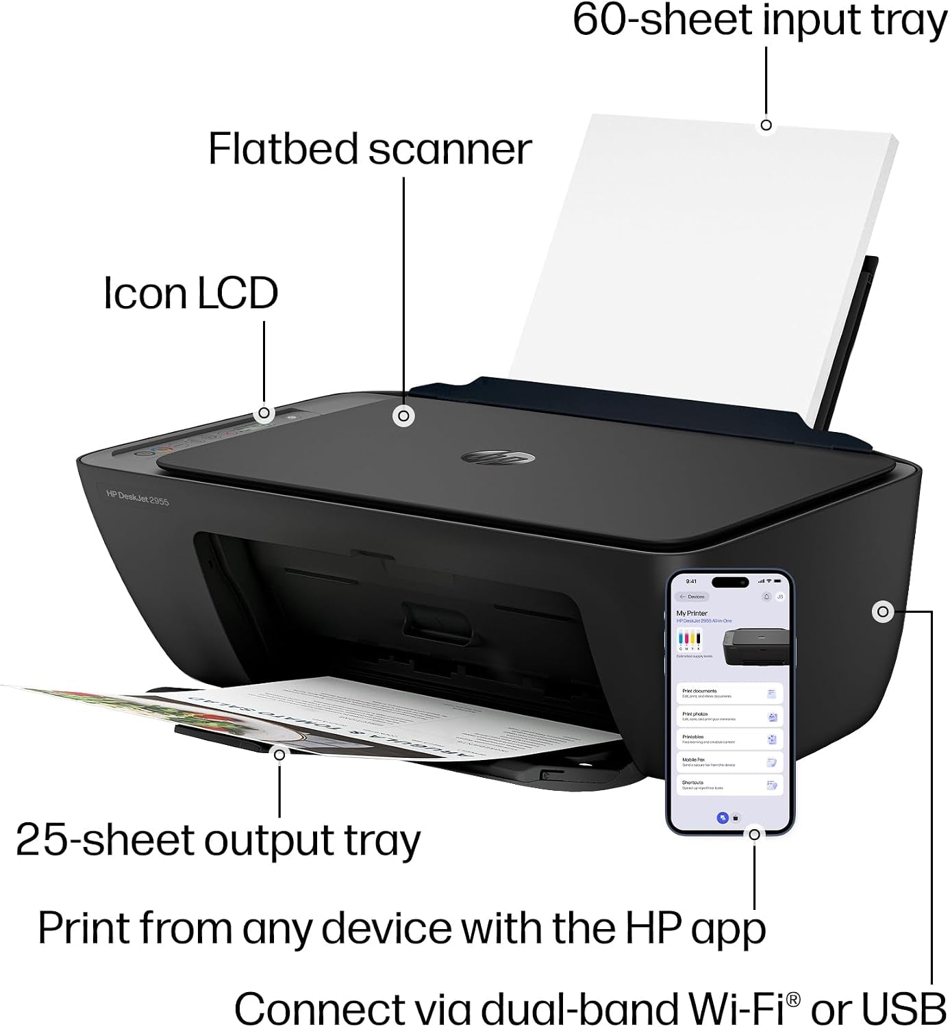 HP Deskjet 2955 Wireless All-In-One Color Inkjet Printer, Scanner, Copier, Best-For-Home, 3 Month Trial of Instant Ink Included, Ai-Capable (A24HJA)