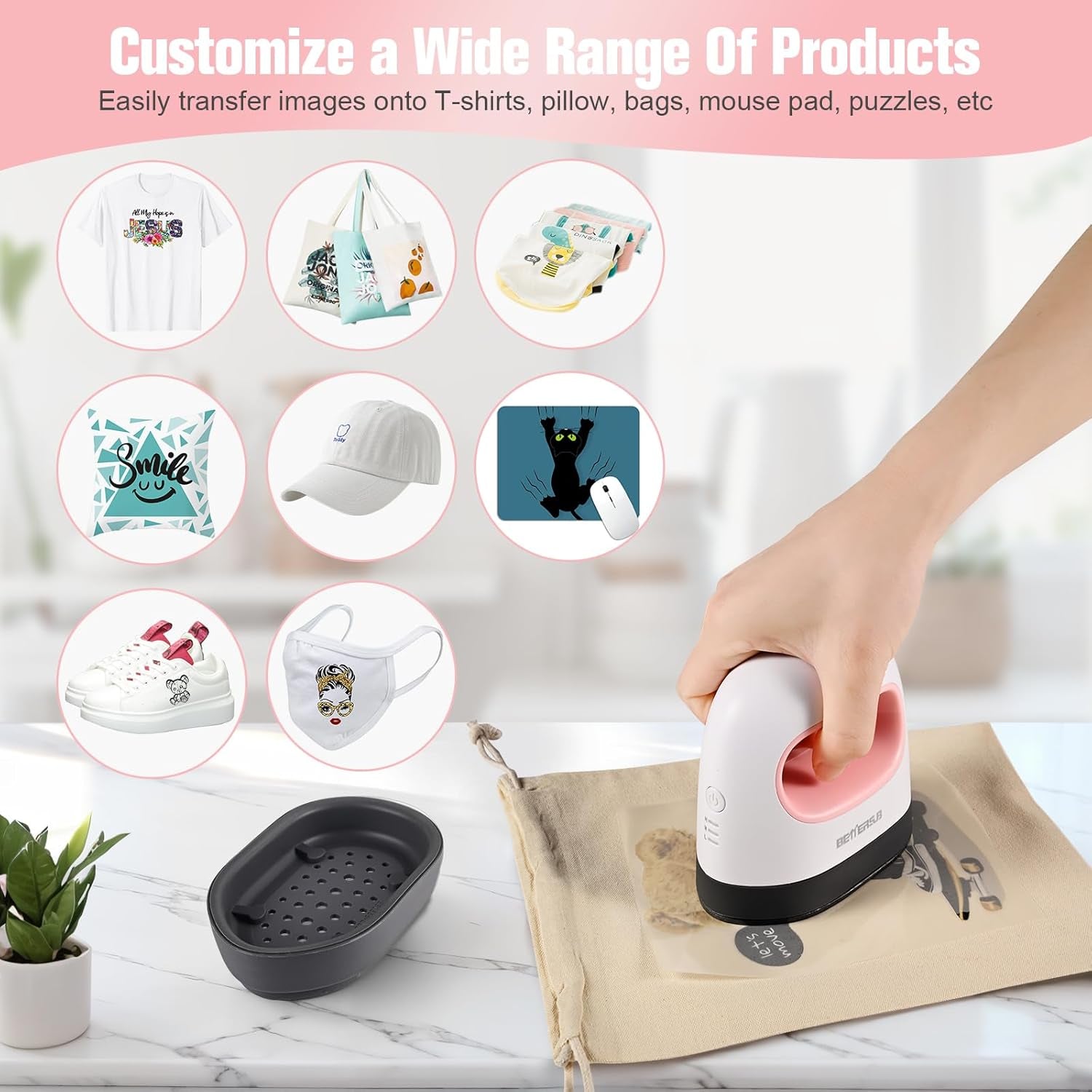 Bettersub Mini Heat Press Machine, Small Heat Press Portable Iron Press Machine, Sublimation and HTV Vinyl Shirt Press Machine for Hat, Bags, Heating Transfer Small Projects (Pink)