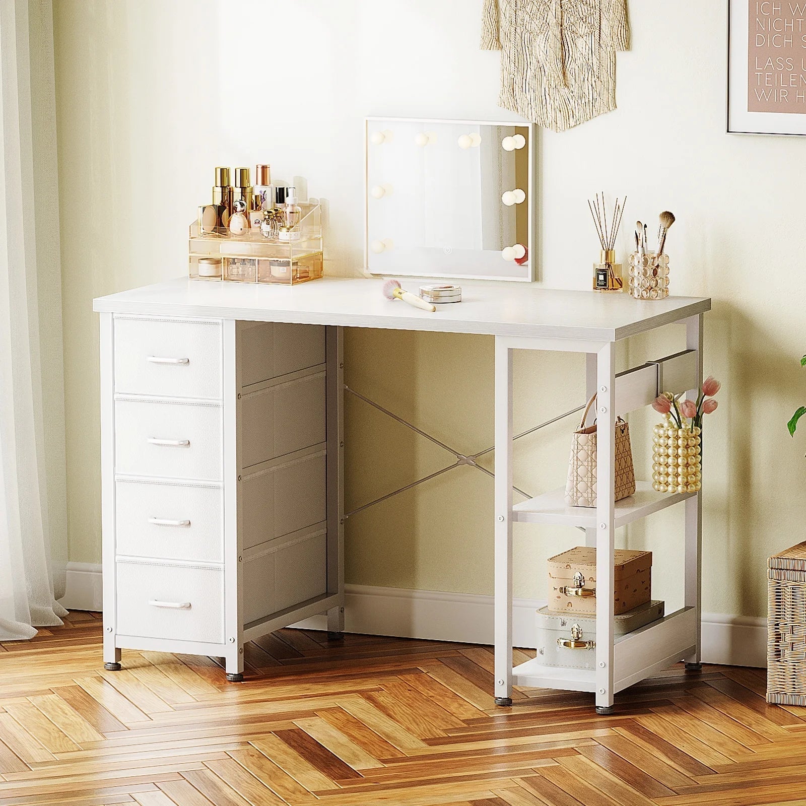 Computer Desk with Drawers & Storage Shelves, 40 Inch Corner Desk for Home Office Bedroom, Small Teen PC Desks with Fabric Drawer, White
