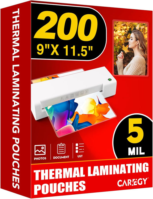 CAREGY 5 Mil Thermal Laminating Pouches,200 Pack, | 9X11.5 Inch Laminating Sheets for 8.5X11 Documents, Clear,Office & School Laminator Supplies