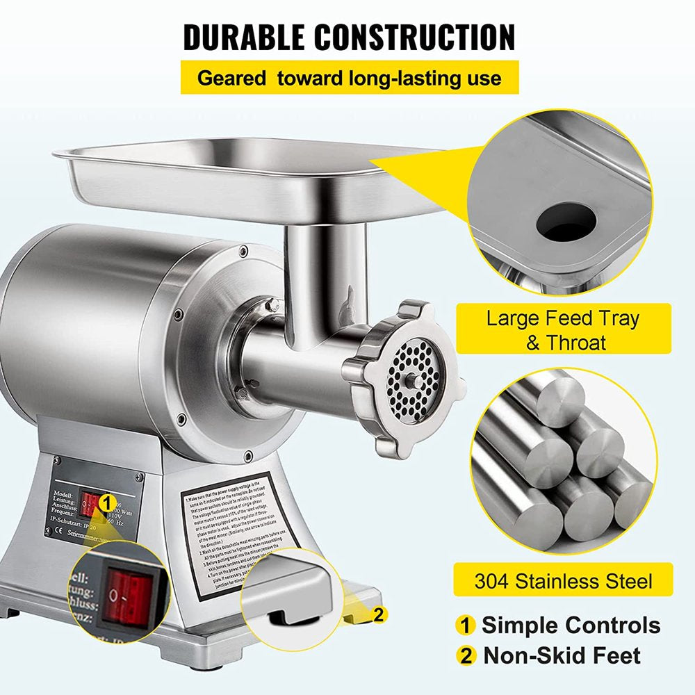 brand Commercial Electric Meat Grinder, 550Lbs & 1100W Commercial Sausage Stuffer Maker, 220 RPM 1.5HP Stainless Steel Food Grinders for Industrial and Home Use