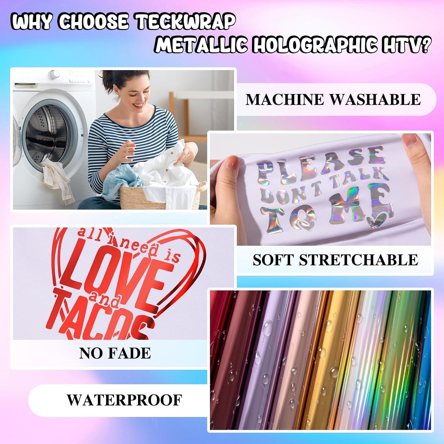 Metallic Holographic Heat Transfer Vinyl - 7 Sheets 12"X12" Iron on Vinyl for T-Shirts, Clothes, Bags, Pillows and More, Compatible with Most Cutter Machines