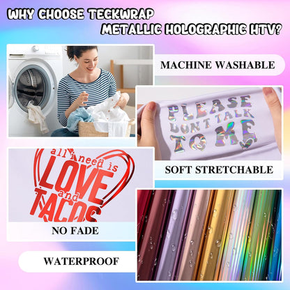 Metallic Holographic Heat Transfer Vinyl - 7 Sheets 12"X12" Iron on Vinyl for T-Shirts, Clothes, Bags, Pillows and More, Compatible with Most Cutter Machines