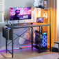 Gaming Desk with LED Lights, 44'' Computer Desk with Reversible Shelves, PC Gamer Desk with Side Storage Bag, Hooks and Height Adjustable Shelf for Home Office, Carbon Fiber Black