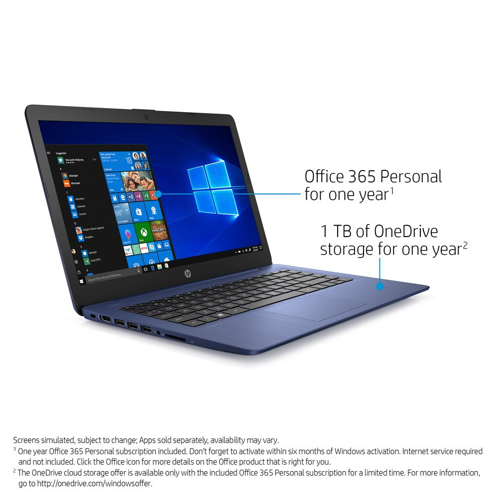 14" PC Laptop, Intel Celeron N4000, 4GB RAM, 64GB HD, Windows 10S with 1 Year Office 365, Blue, 14-Cb171Wm