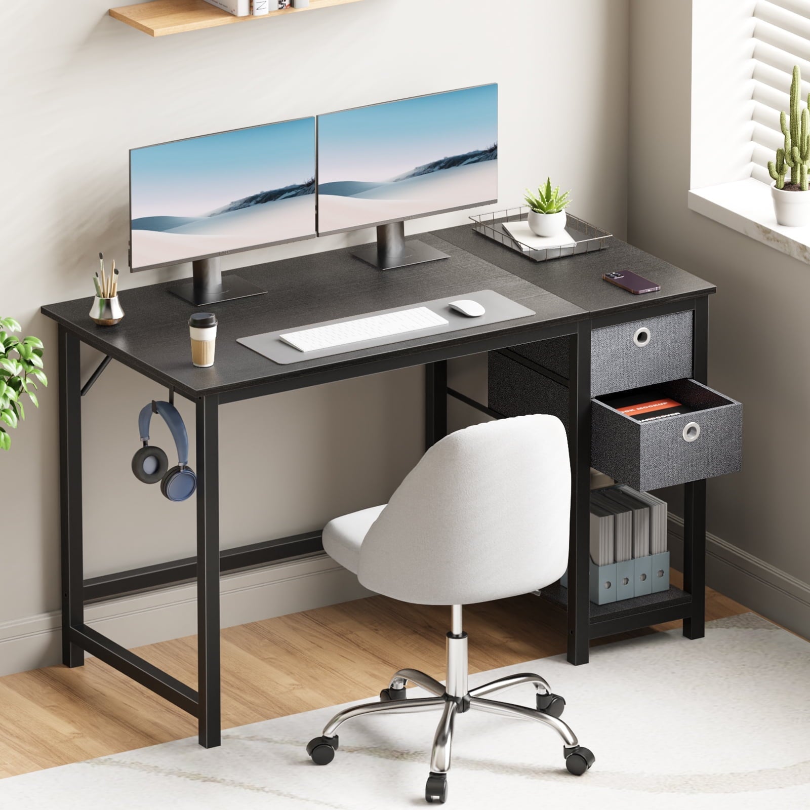 Computer Desk with Drawer 40 Inch PC Table Study Desk with 2-Tier Drawers Storage Shelf Headphone Hook, Modern Simple Style Laptop Desk