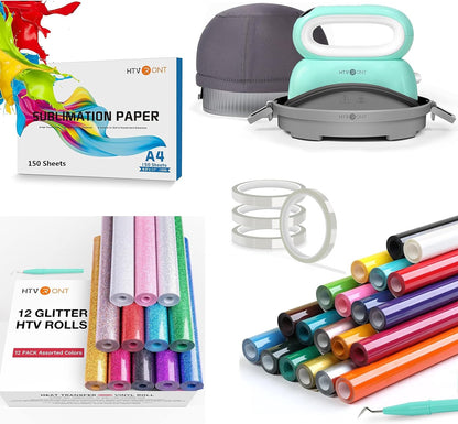 Hat Press Machine +20 Pack HTV + Glitter HTV 12 Rolls + Sublimation Paper 8.5 X 11 Inches + Heat Resistant Tape 4 Rolls