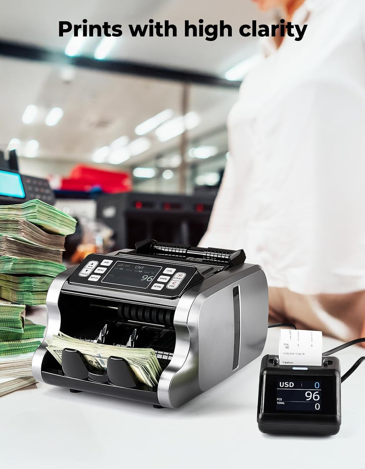 MUNBYN P01 Thermal Printer for IMC01, IMC08, IMC09 Money Counter Machine Mixed Denomination, External Display+Printer in One, Connects via RJ-11 Plug, Receipt Printer Suitable for 58 Mm Thermal Paper
