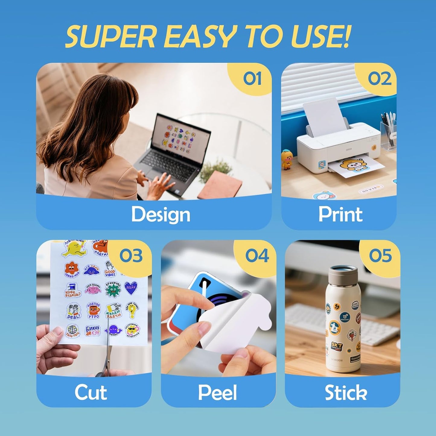 105 Sheets Premium Printable Vinyl Sticker Paper for Inkjet Printer Cricut,Included 100Sheets Glossy and 5Sheets Transparent Label Waterproof Adhesive Dries Quickly Tear-Resistant, Removable