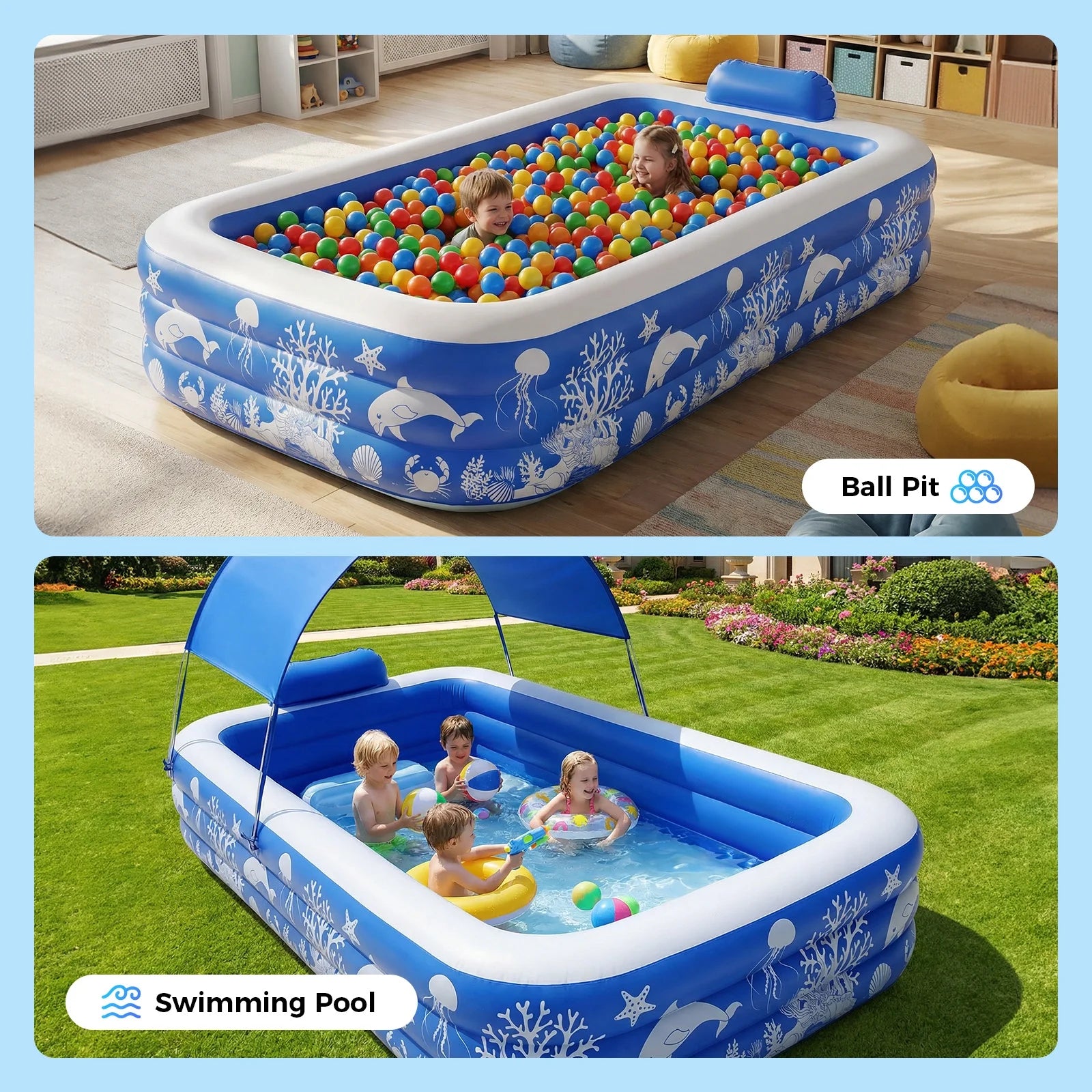 Inflatable Pool with Canopy, Family Size Swimming Pool Thickened Kiddie Pool for Kids Children Family Outdoor, 120'' X 68'' X 57''