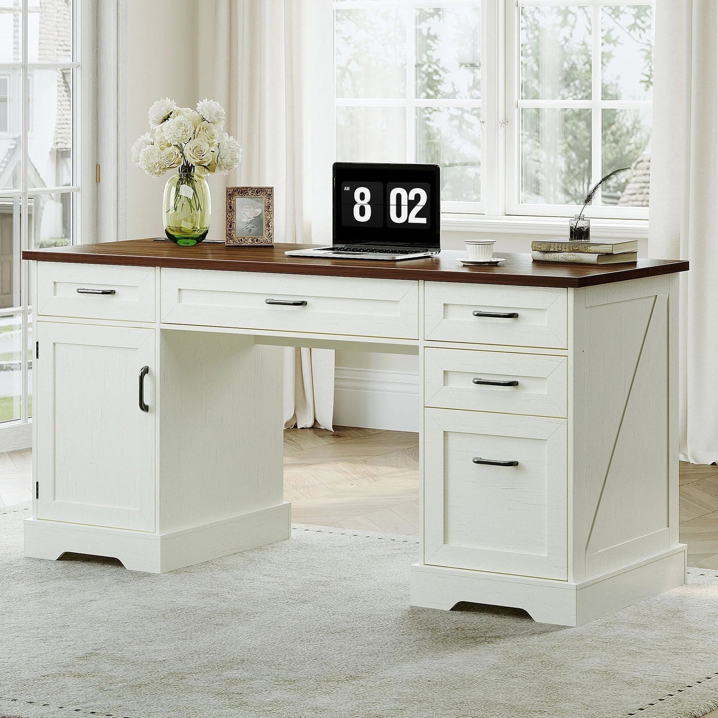 Home Office Desk with File Cabinet and Drawers, 59" Executive Desk with USB Power Outlet, Storage Cabinet for CPU, Workstation Table for Study, Walnut & Warm White