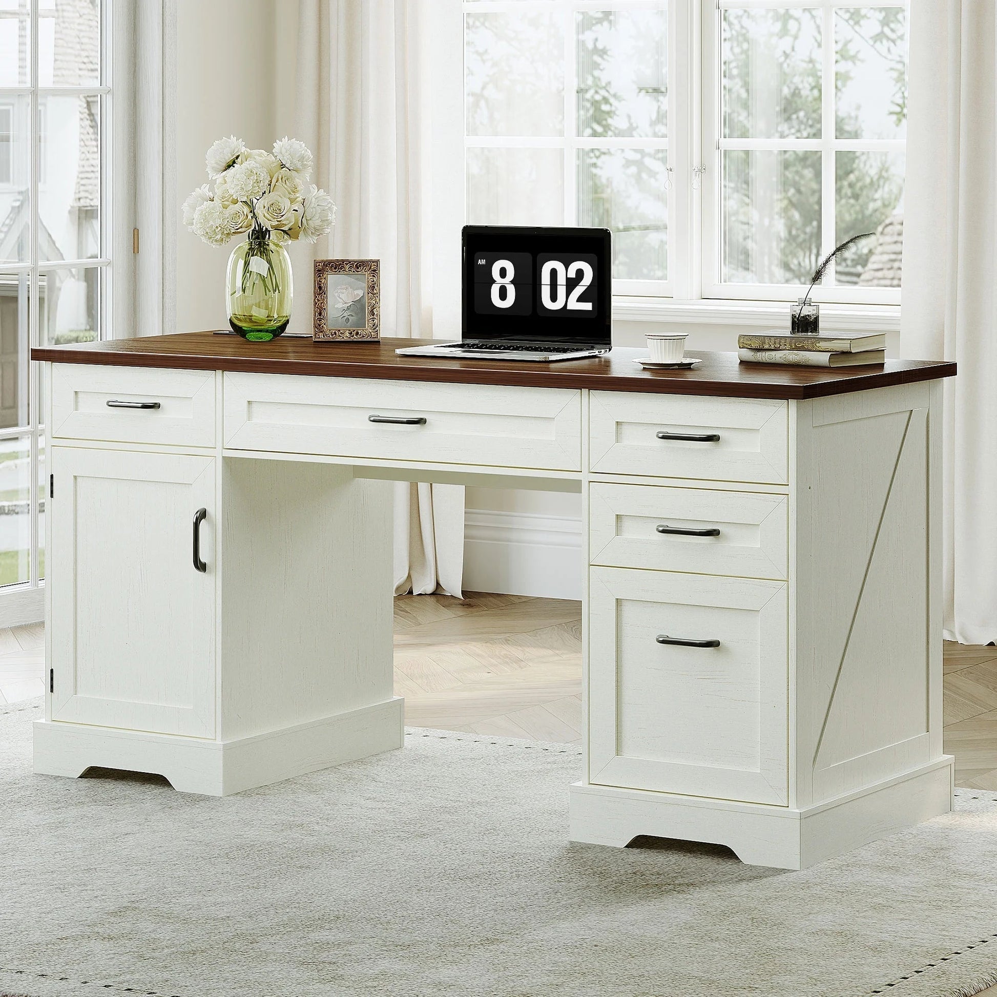 Home Office Desk with File Cabinet and Drawers, 59" Executive Desk with USB Power Outlet, Storage Cabinet for CPU, Workstation Table for Study, Walnut & Warm White