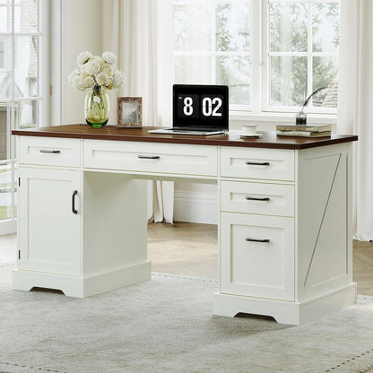 Home Office Desk with File Cabinet and Drawers, 59" Executive Desk with USB Power Outlet, Storage Cabinet for CPU, Workstation Table for Study, Walnut & Warm White