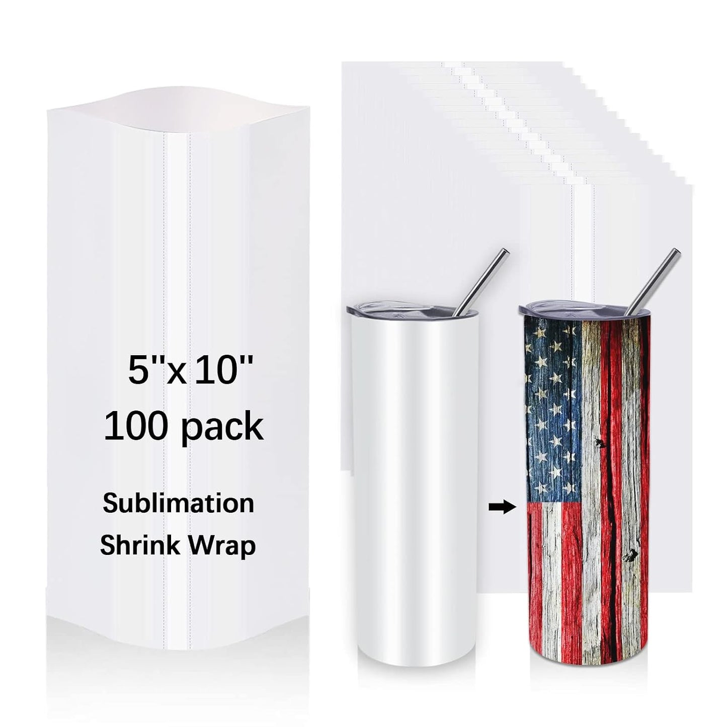 100Pcs Sublimation Shrink Wrap Sleeves,5X10 Inch Heat Transfer Shrink Film Bags for Blanks 20 Oz Tumblers,Mugs,Cups,Shrink Wrap Bands for Sublimation