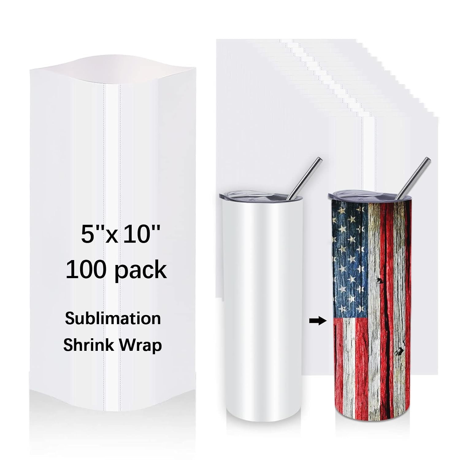 100Pcs Sublimation Shrink Wrap Sleeves,5X10 Inch Heat Transfer Shrink Film Bags for Blanks 20 Oz Tumblers,Mugs,Cups,Shrink Wrap Bands for Sublimation
