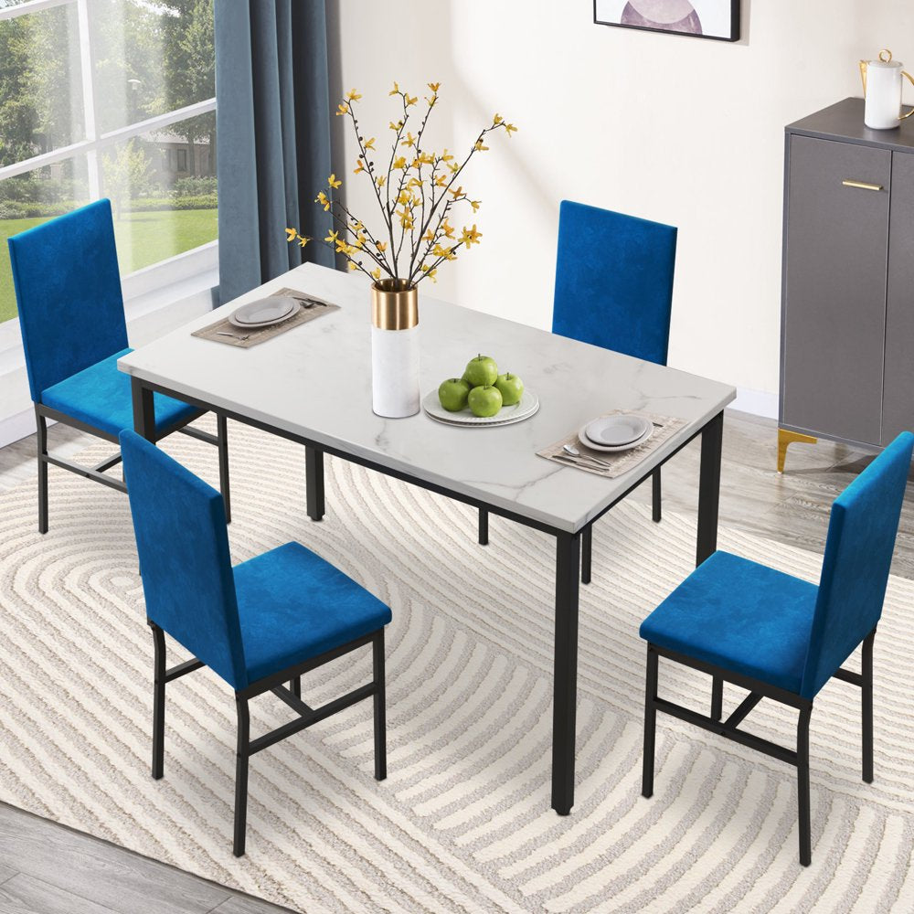 Dining Table Set for 4, Wood Dine Table with 4 Velvet Chairs, Modern Kitchen Table Set for Home, Breakfast Nook, Cafeteria Dining Room, JA4366