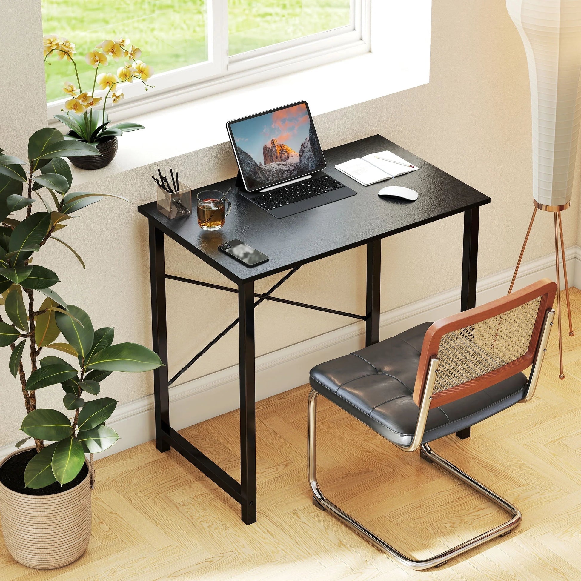 Small Computer Desk 31 Inch Writing Desk with Storage Bag Iron Hook Metal Frame for Home, Black